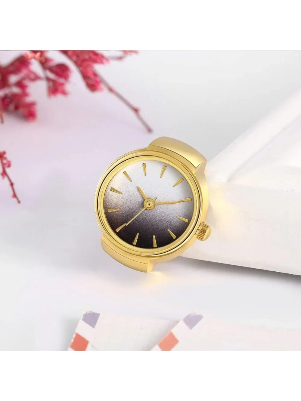 Women Gold Grey Quartz Stretchy Band Elastic Round Simple Dial Finger Ring Watch